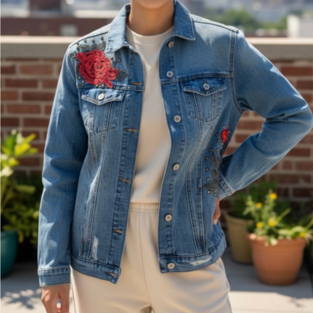 Boom Boom Embroidered Denim Jacket Size Small - Picture 3 of 13